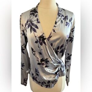 Linda Allred Ellen Tracy Gray & Purple Silk Wrap Floral Blouse Long Sleeve 10